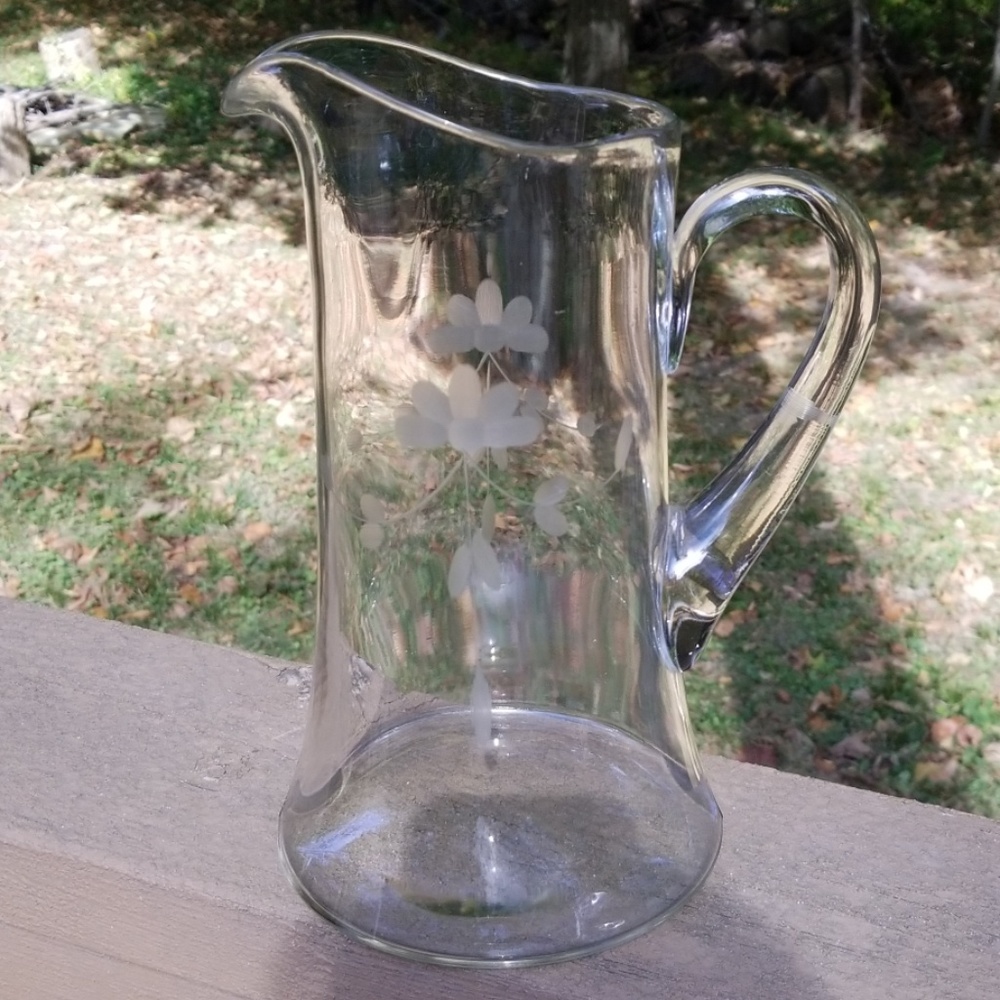 Etched Glass Pitcher Floral Vintage Design